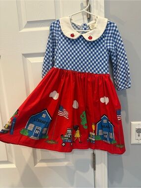 Eleanor Rose Blue Gingham & Red Library Print Dress with White Collar